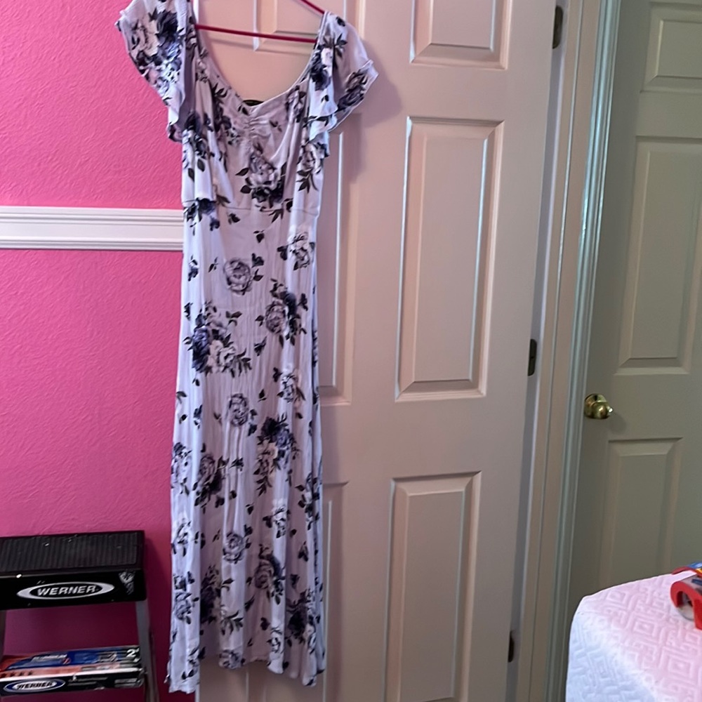 Three pink hearts lilac and purple floral dress. Medium